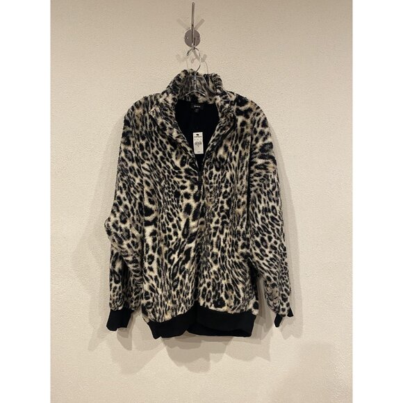 Express Pullover Womens XL Leopard Print Sherpa Fleece Half Zip Jacket Top Cozy - Picture 1 of 3
